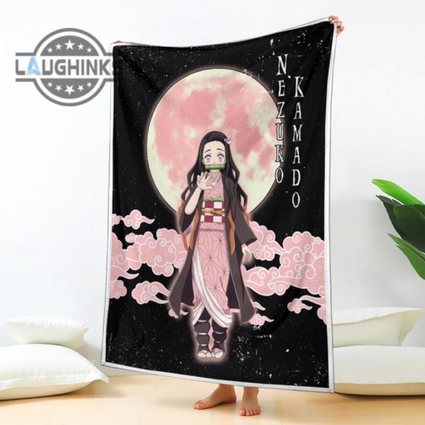 nezuko kamado blanket custom moon style demon slayer anime bedding sherpa cozy plush throw blankets 30x40 40x50 60x80 room decor gift laughinks 1 1