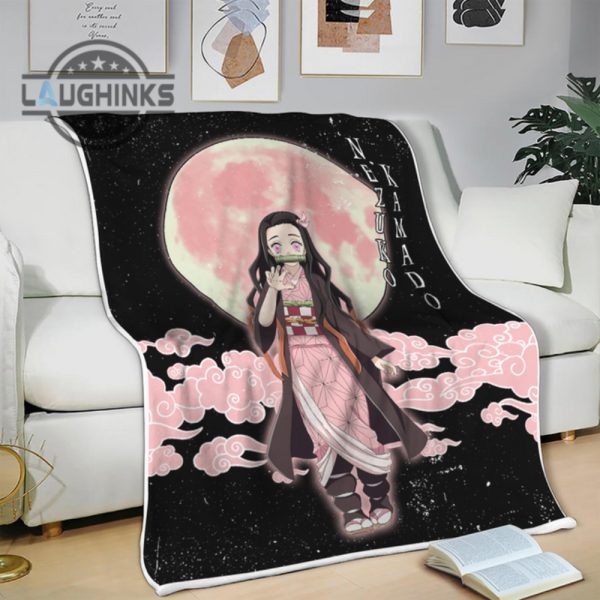 nezuko kamado blanket custom moon style demon slayer anime bedding sherpa cozy plush throw blankets 30x40 40x50 60x80 room decor gift laughinks 1 2