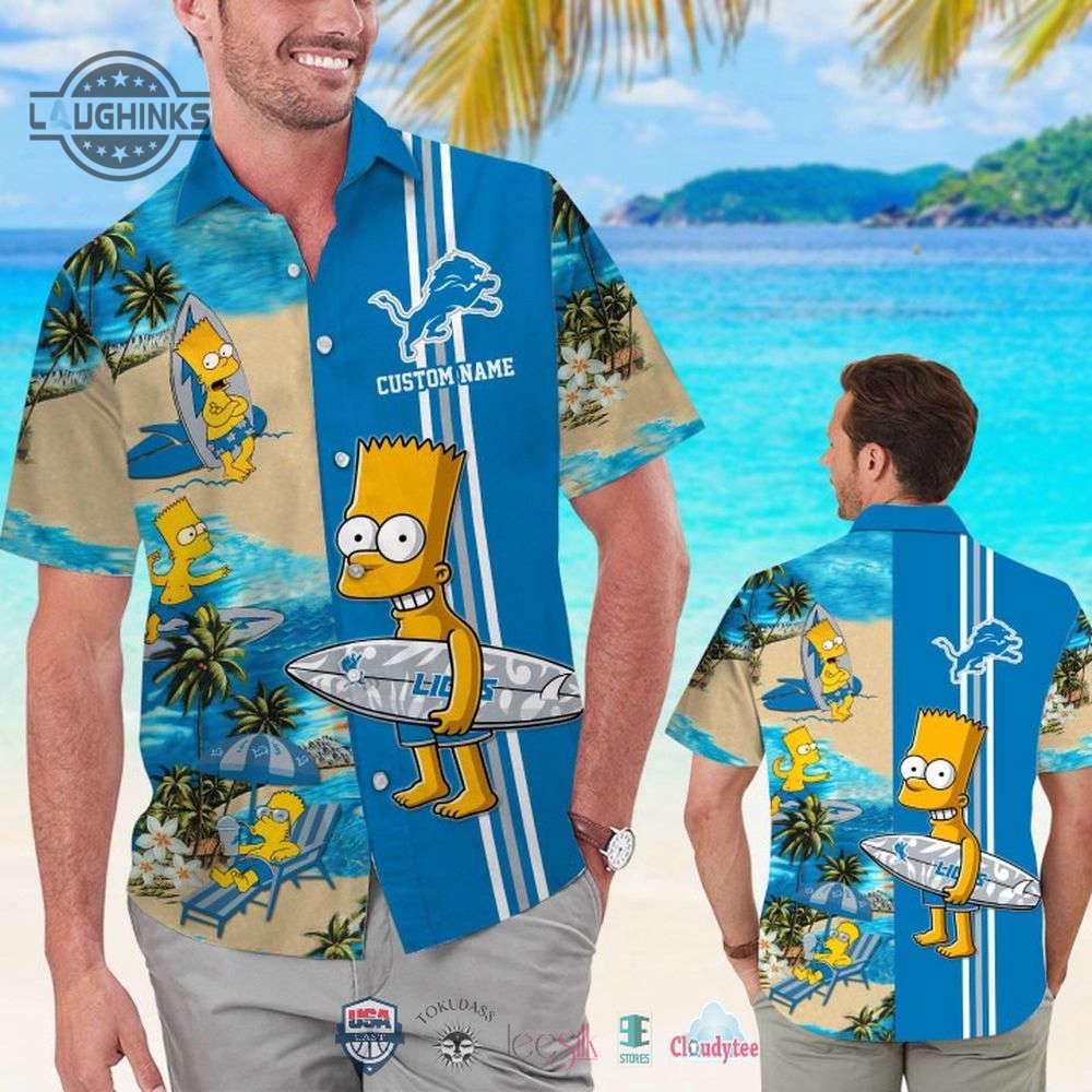 Custom Name Detroit Lions Bart Simpson Hawaiian Shirt For Men Women Football Button Up Shirt And Shorts Dan Campbell Gift