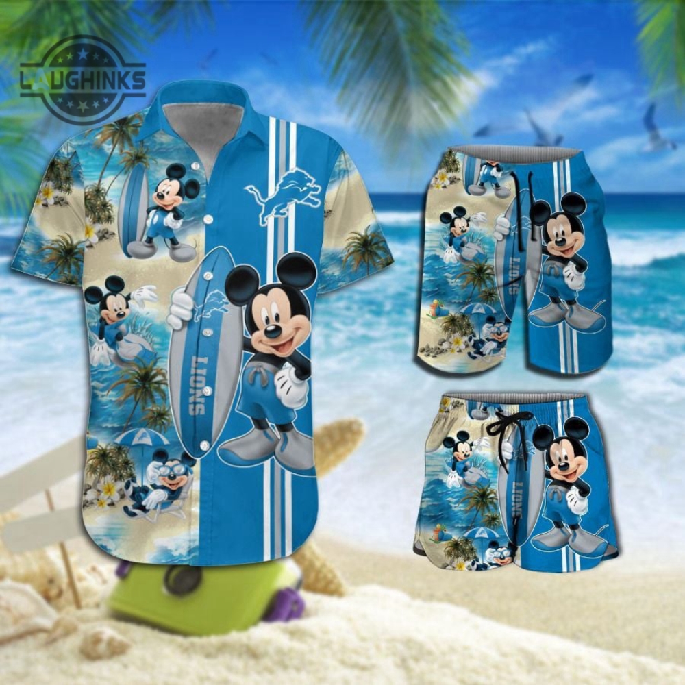 Detroit Lions Mickey Mouse Hot Summer 3D Hawaiian Shirt Football Button Up Shirt And Shorts Dan Campbell Gift