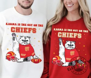 Karma Is The Guy On The Chiefs Shirt Taylor And Travis Sweatshirt Go Taylors Boyfriend Hoodie Taylors Boyfriend Tshirt Kelce Shirt giftyzy 2