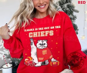 Karma Is The Guy On The Chiefs Shirt Taylor And Travis Sweatshirt Go Taylors Boyfriend Hoodie Taylors Boyfriend Tshirt Kelce Shirt giftyzy 4