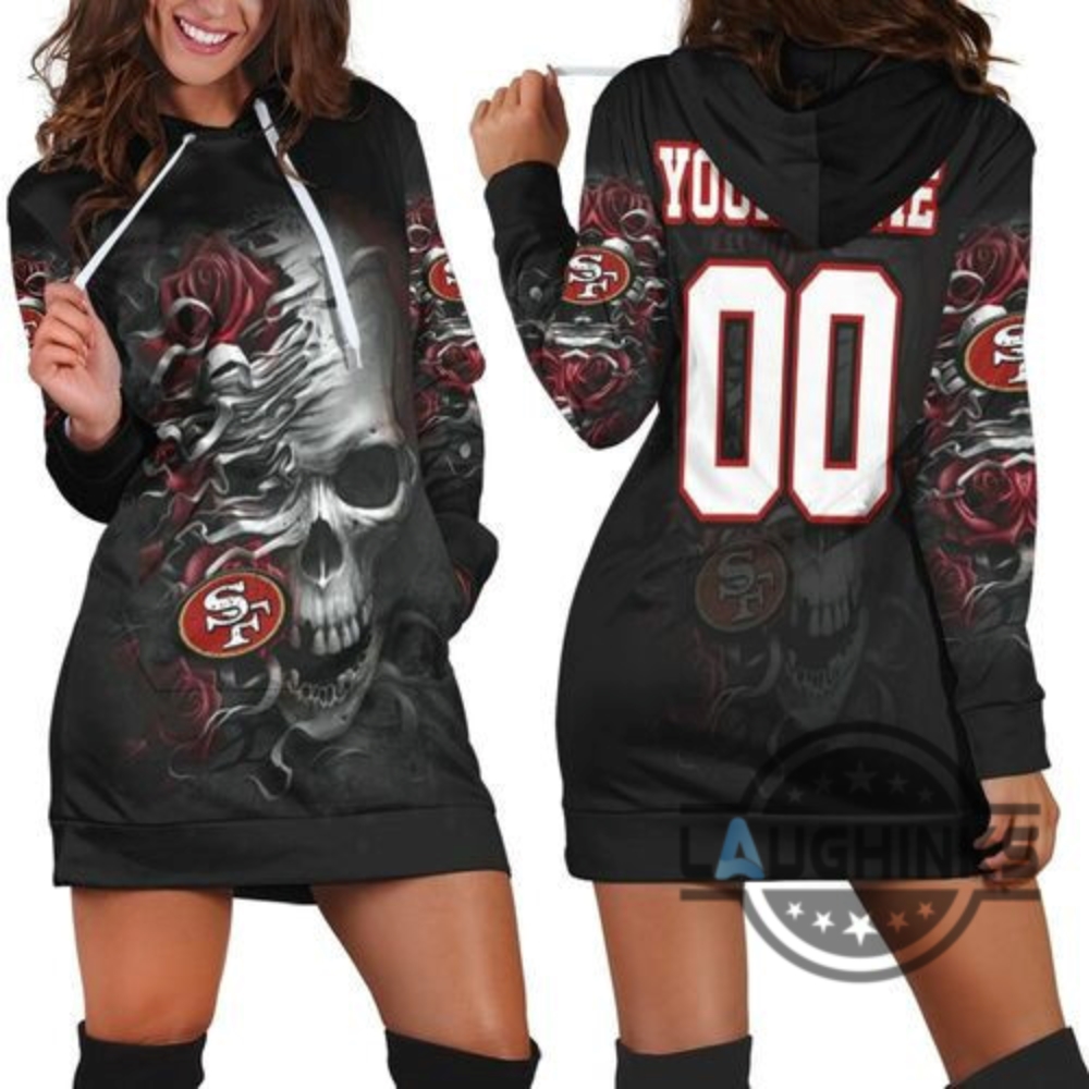 San Francisco 49Ers Skull Flower For Fans Personalized Hoodie Dress Sweater Dress Sweatshirt Dress Sf 49Ers Football Hooded Dress Nfl Gift For Fans