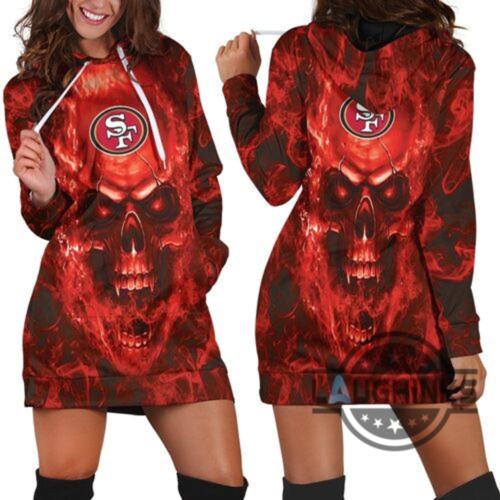 San Francisco 49Ers Nfl Fans Skull Hoodie Dress Sweater Dress Sweatshirt Dress Sf 49Ers Football Hooded Dress Nfl Gift For Fans