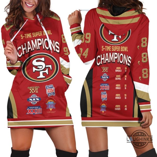 san francisco 49ers 5 time super bowl champions for fan 3d hoodie dress sweater dress sweatshirt dress sf 49ers football hooded dress nfl gift for fans laughinks 1