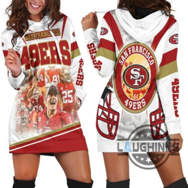 san francisco 49ers logo nfc west division champions super bowl 2021 hoodie dress sweater dress sweatshirt dress sf 49ers football hooded dress nfl gift for fans laughinks 1 3
