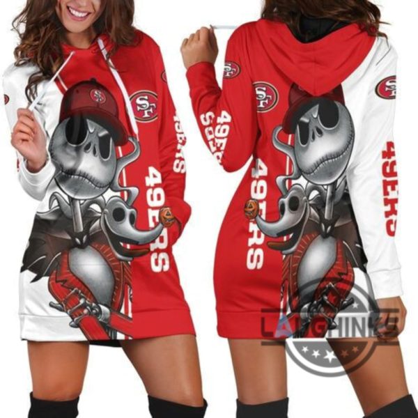 san francisco 49ers jack skellington and zero hoodie dress sweater dress sweatshirt dress sf 49ers football hooded dress nfl gift for fans laughinks 1