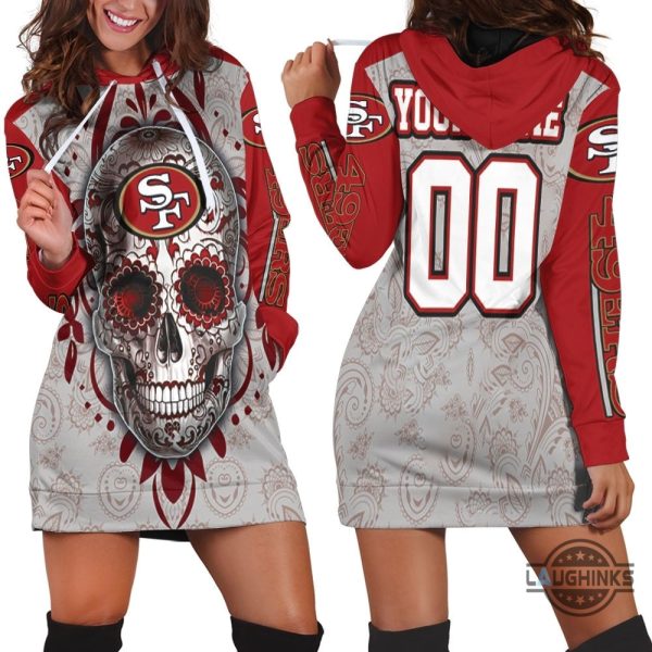 san francisco 49ers sugar skull for fans 3d hoodie dress sweater dress sweatshirt dress sf 49ers football hooded dress nfl gift for fans laughinks 1 3