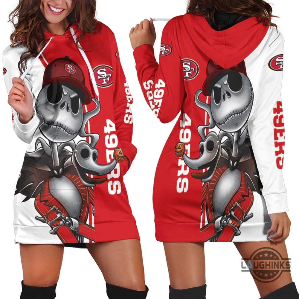 San Francisco 49Ers Jack Skellington And Zero Hoodie Dress Sweater Dress Sweatshirt Dress Sf 49Ers Football Hooded Dress Nfl Gift For Fans