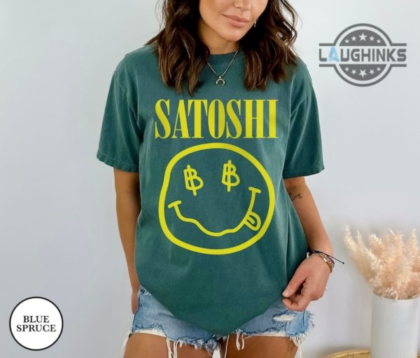 satoshi shirt sweatshirt hoodie jack dorsey super bowl satoshi nirvana smiley face tshirt satoshi nakamoto kurt cobain bitcoin tribute cryptocurrency tee laughinks 1