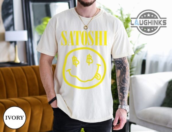 satoshi shirt sweatshirt hoodie jack dorsey super bowl satoshi nirvana smiley face tshirt satoshi nakamoto kurt cobain bitcoin tribute cryptocurrency tee laughinks 2