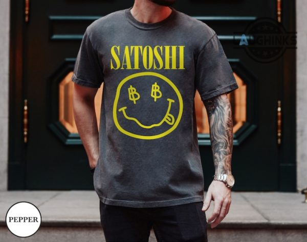 satoshi shirt sweatshirt hoodie jack dorsey super bowl satoshi nirvana smiley face tshirt satoshi nakamoto kurt cobain bitcoin tribute cryptocurrency tee laughinks 4