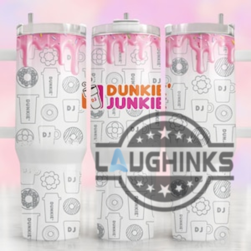 Dunkin Donuts Tumbler 40 Oz Dunkie Junkie Donut And Coffee Strawberry Drip Quencher Stanley Tumbler Cup Dupe 40Oz Pink Dj Gift For Fast Food Lovers
