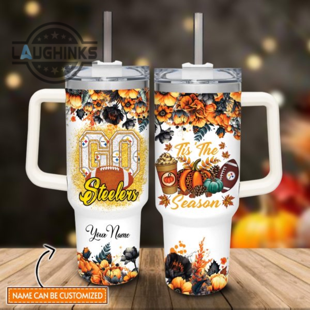 Custom Name Go Steelers Tis The Season Flower Pattern 40Oz Stainless Steel Tumbler With Handle And Straw Lid Personalized 40 Oz Travel Stanley Cup Dupe