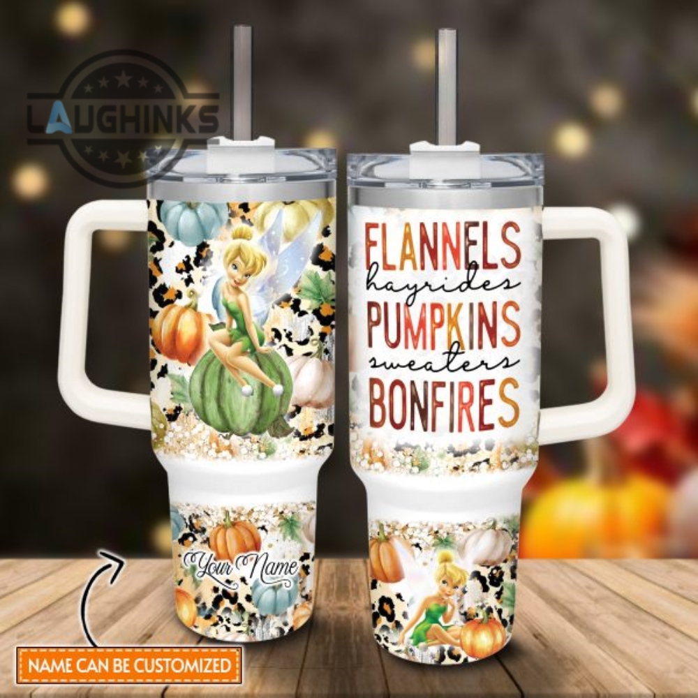 Custom Name Tinker Bell Flannels Pumpkins Bonfires Pattern 40Oz Stainless Steel Tumbler With Handle And Straw Lid Personalized 40 Oz Travel Stanley Cup Dupe