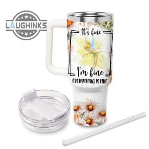 custom name everything is fine tinker bell daisy flower pattern 40oz stainless steel tumbler with handle and straw lid personalized 40 oz travel stanley cup dupe laughinks 1 1