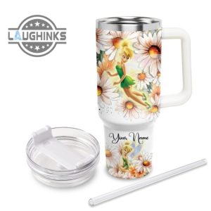 custom name everything is fine tinker bell daisy flower pattern 40oz stainless steel tumbler with handle and straw lid personalized 40 oz travel stanley cup dupe laughinks 1 2