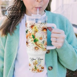 custom name everything is fine tinker bell daisy flower pattern 40oz stainless steel tumbler with handle and straw lid personalized 40 oz travel stanley cup dupe laughinks 1 4