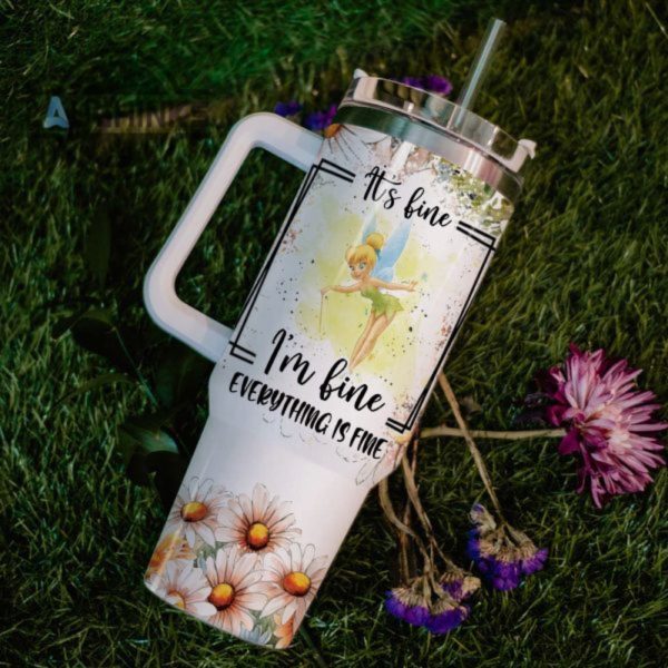 custom name everything is fine tinker bell daisy flower pattern 40oz stainless steel tumbler with handle and straw lid personalized 40 oz travel stanley cup dupe laughinks 1 5