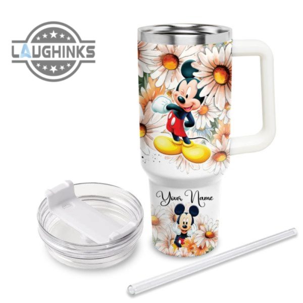 custom name everything is fine mickey mouse daisy flower pattern 40oz stainless steel tumbler with handle and straw lid personalized 40 oz travel stanley cup dupe laughinks 1 2