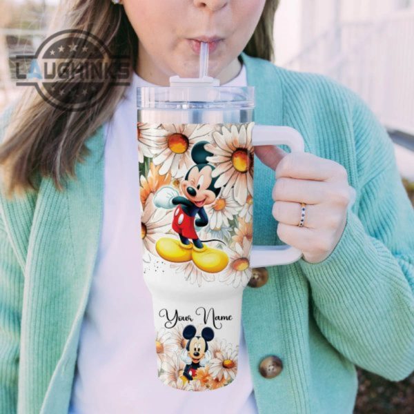 custom name everything is fine mickey mouse daisy flower pattern 40oz stainless steel tumbler with handle and straw lid personalized 40 oz travel stanley cup dupe laughinks 1 4