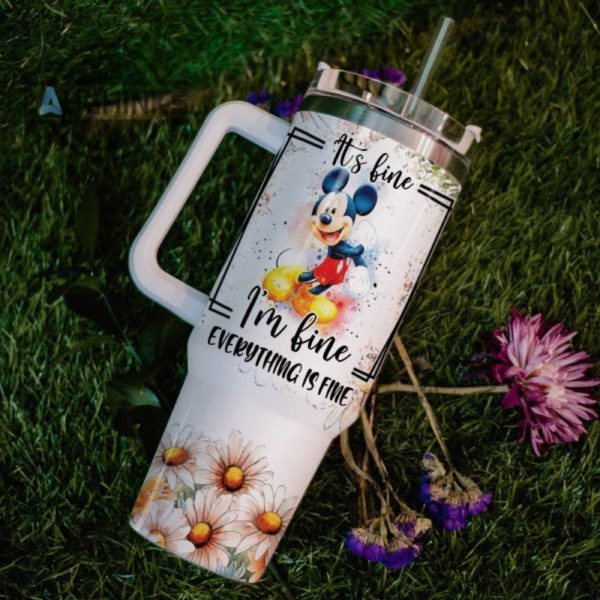 custom name everything is fine mickey mouse daisy flower pattern 40oz stainless steel tumbler with handle and straw lid personalized 40 oz travel stanley cup dupe laughinks 1 5