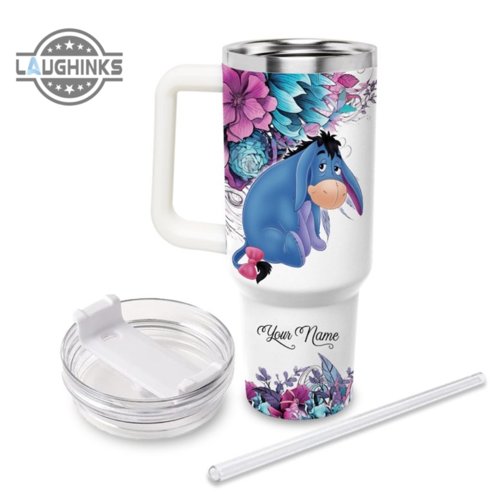 Custom Name Just A Girl Loves Eeyore Flower Pattern 40Oz Tumbler With Handle And Straw Lid Personalized 40 Oz Travel Stanley Cup Dupe