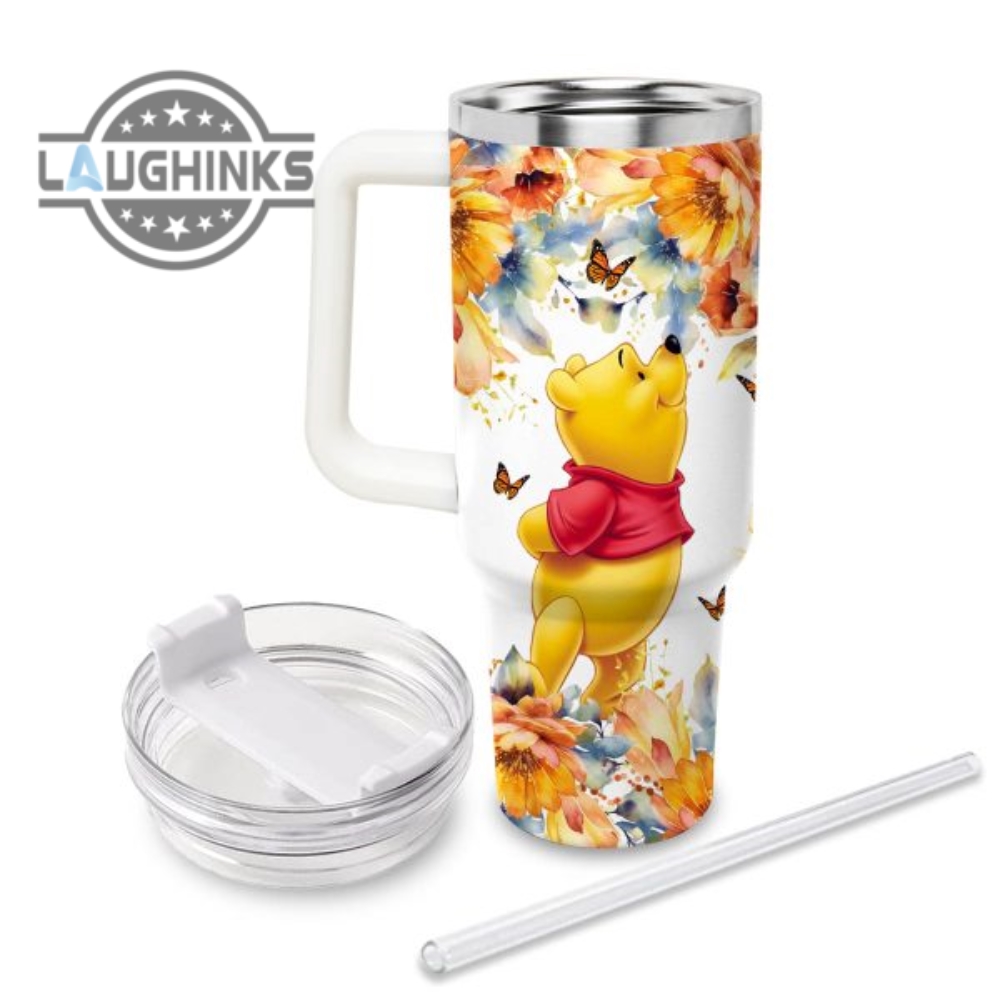 Pooh Flower Pattern 40Oz Tumbler With Handle And Straw Lid Personalized 40 Oz Travel Stanley Cup Dupe