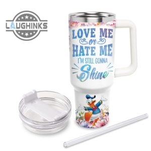 custom name donald duck im still gonna shine flower pattern 40oz stainless steel tumbler with handle and straw lid personalized 40 oz travel stanley cup dupe laughinks 1 2