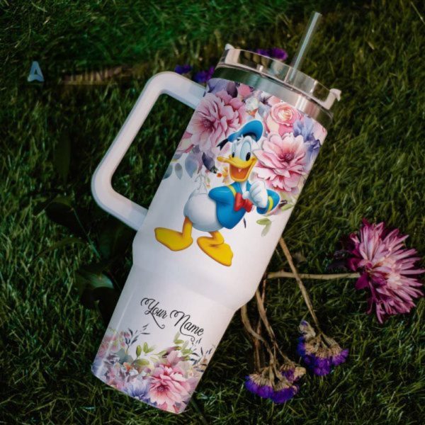 custom name donald duck im still gonna shine flower pattern 40oz stainless steel tumbler with handle and straw lid personalized 40 oz travel stanley cup dupe laughinks 1 5