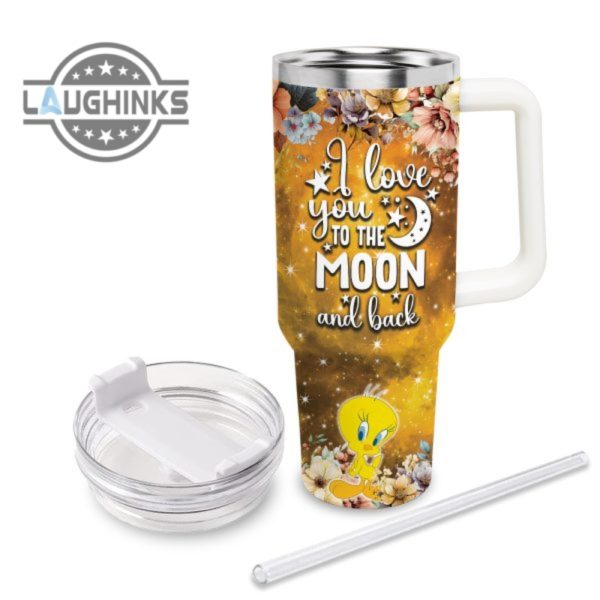 custom name tweety i love you to the moon back 40oz stainless steel tumbler with handle and straw lid personalized 40 oz travel stanley cup dupe laughinks 1 2