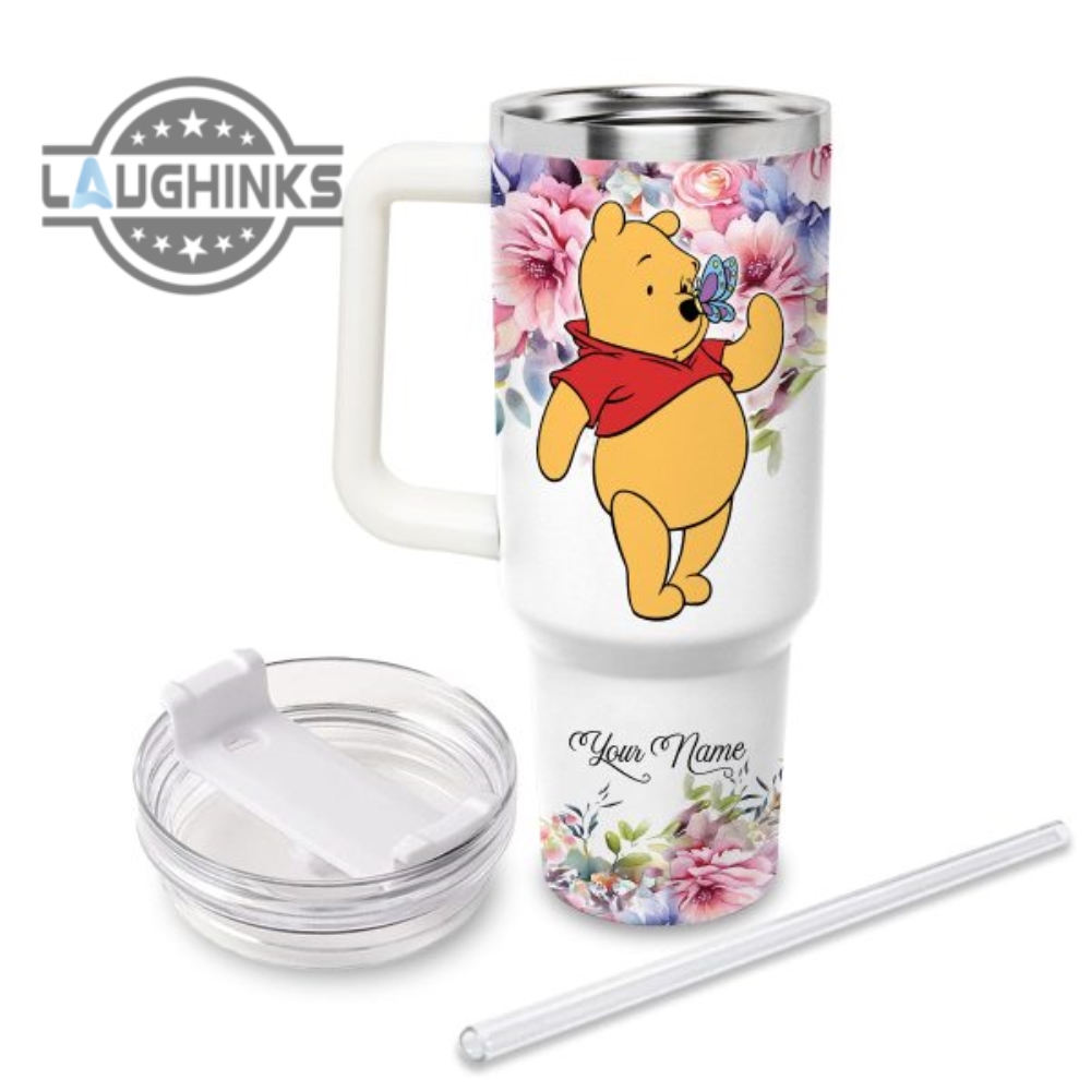 Custom Name Winnie The Pooh Tada 40Oz Stainless Steel Tumbler With Handle And Straw Lid Personalized 40 Oz Travel Stanley Cup Dupe