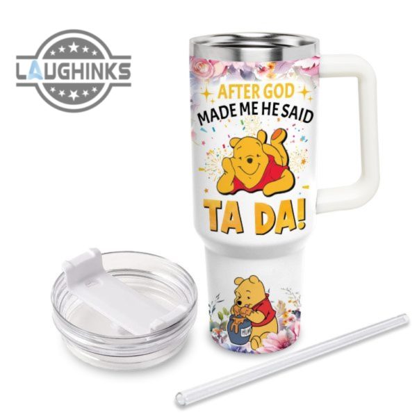 custom name winnie the pooh tada 40oz stainless steel tumbler with handle and straw lid personalized 40 oz travel stanley cup dupe laughinks 1 2