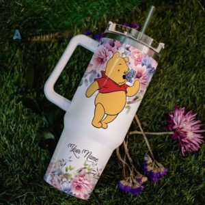 custom name winnie the pooh tada 40oz stainless steel tumbler with handle and straw lid personalized 40 oz travel stanley cup dupe laughinks 1 5