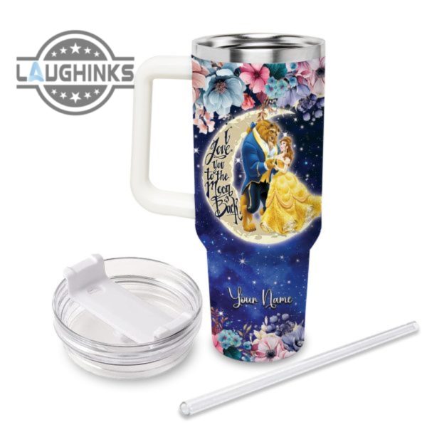 custom name beauty and the beast i love you to the moon back 40oz stainless steel tumbler with handle and straw lid personalized 40 oz travel stanley cup dupe laughinks 1 1