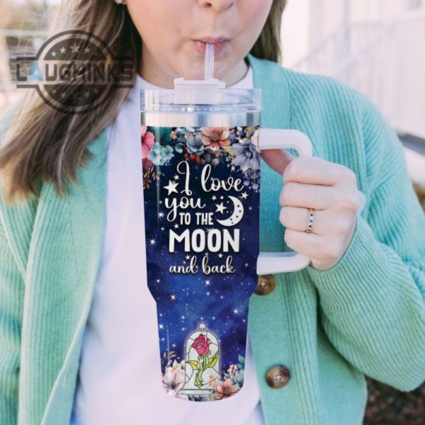 custom name beauty and the beast i love you to the moon back 40oz stainless steel tumbler with handle and straw lid personalized 40 oz travel stanley cup dupe laughinks 1 4