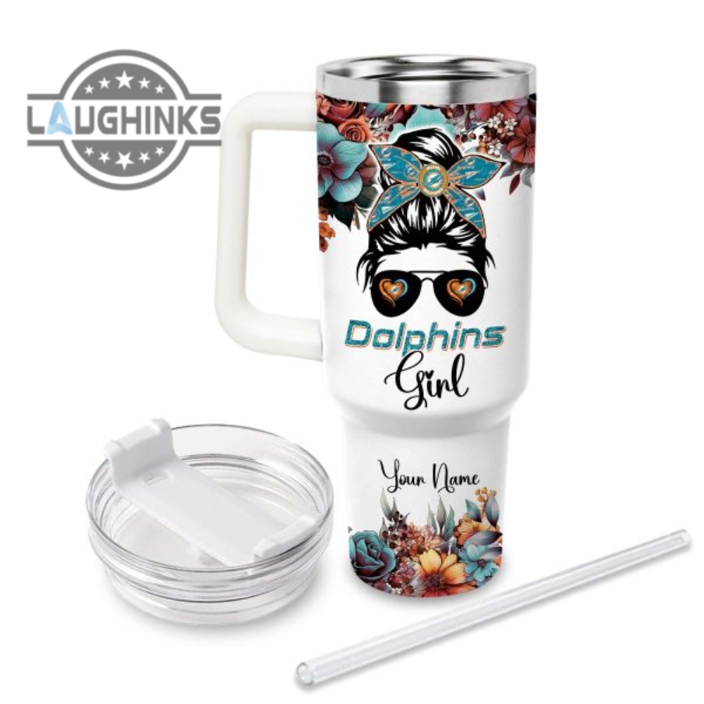 Custom Name Im The Psychotic Dolphins Girl Flower Pattern 40Oz Stainless Steel Tumbler With Handle And Straw Lid Personalized 40 Oz Travel Stanley Cup Dupe