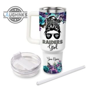 custom name im the psychotic raiders girl flower pattern 40oz stainless steel tumbler with handle and straw lid personalized 40 oz travel stanley cup dupe laughinks 1 1
