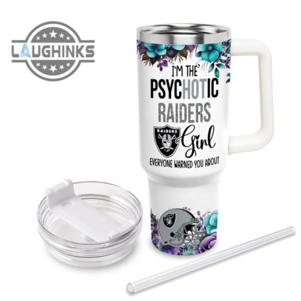 custom name im the psychotic raiders girl flower pattern 40oz stainless steel tumbler with handle and straw lid personalized 40 oz travel stanley cup dupe laughinks 1 2