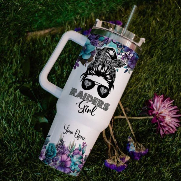 custom name im the psychotic raiders girl flower pattern 40oz stainless steel tumbler with handle and straw lid personalized 40 oz travel stanley cup dupe laughinks 1 5