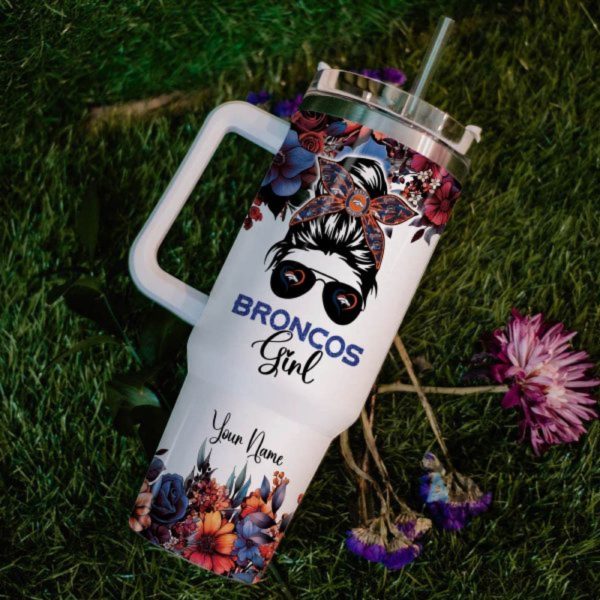 custom name im the psychotic broncos girl flower pattern 40oz stainless steel tumbler with handle and straw lid personalized 40 oz travel stanley cup dupe laughinks 1 5
