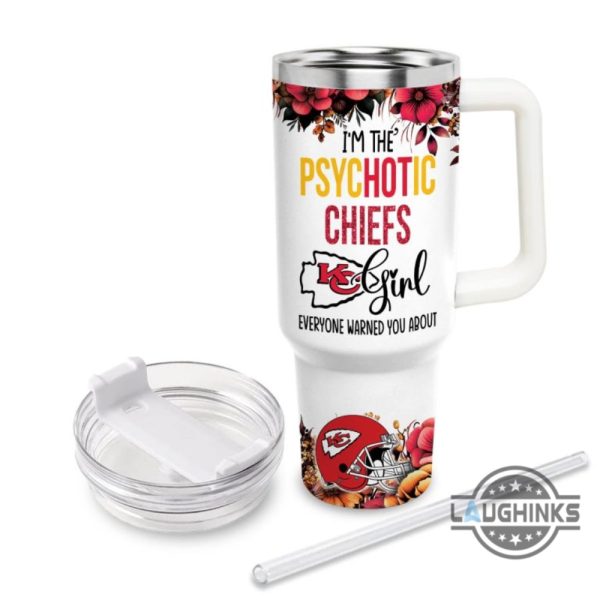 custom name im the psychotic chiefs girl flower pattern 40oz stainless steel tumbler with handle and straw lid personalized 40 oz travel stanley cup dupe laughinks 1 2