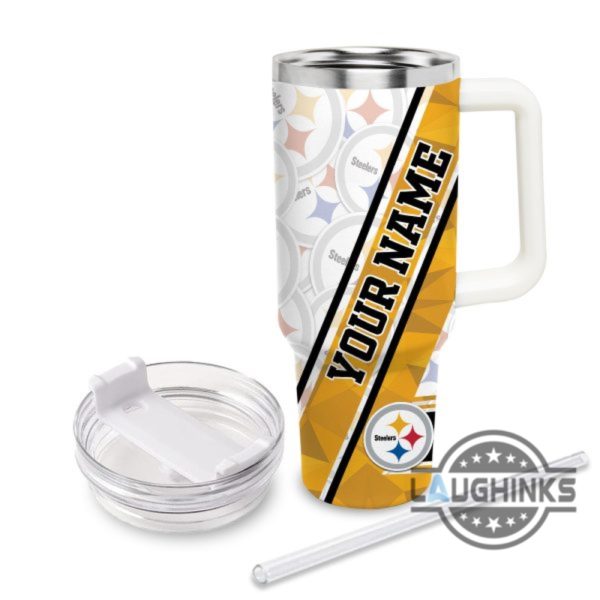 custom name steelers pattern 40oz stainless steel tumbler with handle and straw lid personalized 40 oz travel stanley cup dupe laughinks 1 2