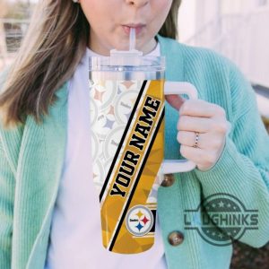 custom name steelers pattern 40oz stainless steel tumbler with handle and straw lid personalized 40 oz travel stanley cup dupe laughinks 1 4