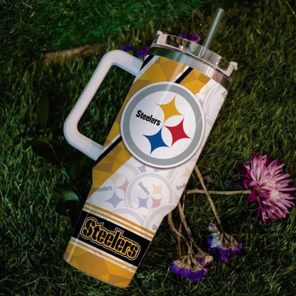 custom name steelers pattern 40oz stainless steel tumbler with handle and straw lid personalized 40 oz travel stanley cup dupe laughinks 1 5