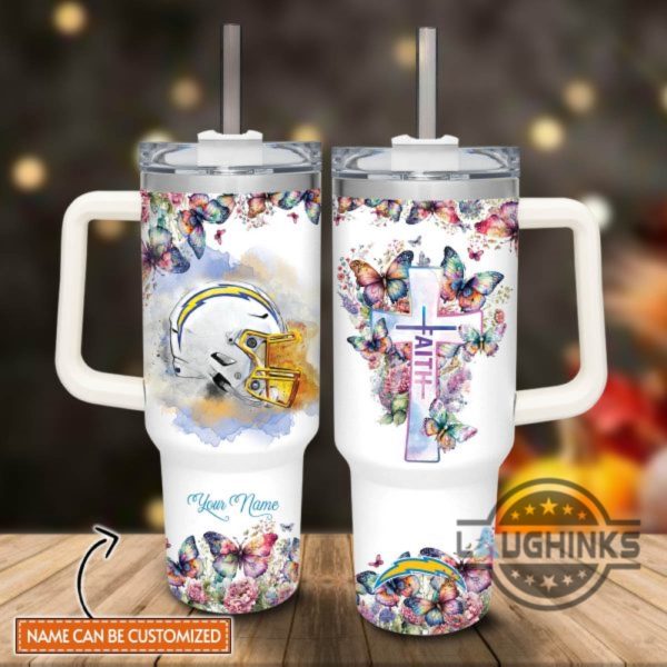 custom name faith in chargers flower butterflies pattern 40oz stainless steel tumbler with handle and straw lid personalized 40 oz travel stanley cup dupe laughinks 1