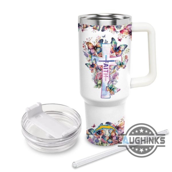 custom name faith in chargers flower butterflies pattern 40oz stainless steel tumbler with handle and straw lid personalized 40 oz travel stanley cup dupe laughinks 1 2