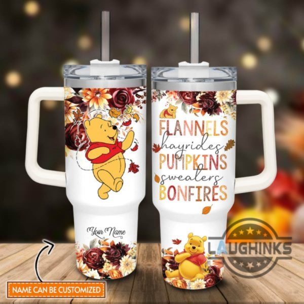 custom name winnie the pooh flannels pumpkins bonfires fall theme pattern 40oz tumbler with handle and straw lid personalized 40 oz travel stanley cup dupe laughinks 1