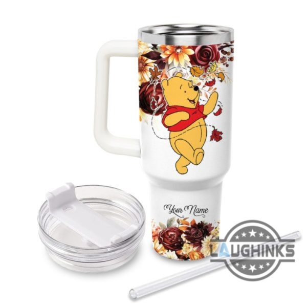 custom name winnie the pooh flannels pumpkins bonfires fall theme pattern 40oz tumbler with handle and straw lid personalized 40 oz travel stanley cup dupe laughinks 1 1