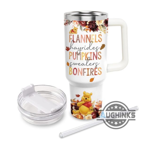 custom name winnie the pooh flannels pumpkins bonfires fall theme pattern 40oz tumbler with handle and straw lid personalized 40 oz travel stanley cup dupe laughinks 1 2
